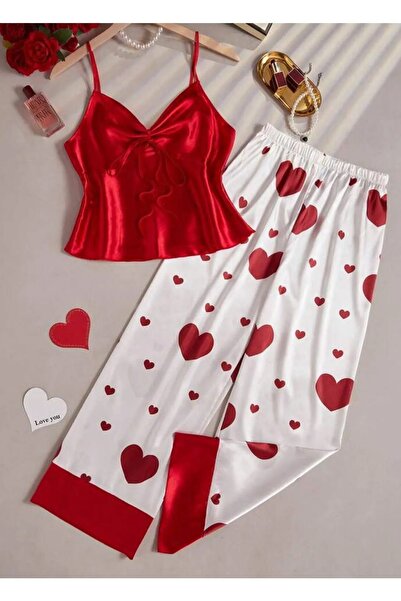 SiaLess Lingerie Women's Pajamas Satin Hearted Undershirt Pants Soft Satin Nightgown Suit