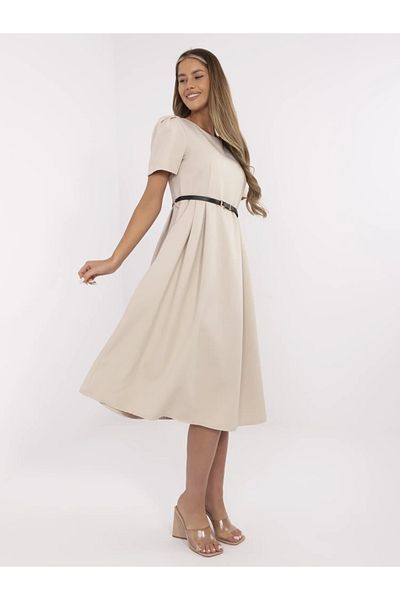 UniqueStore.ro Beige Midi Dress With Short Sleeves And Waist Belt - One Size