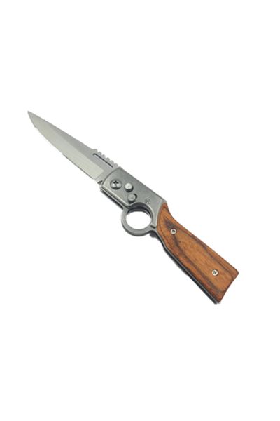 dalimag Cuțit cu deschidere automată, model circular, mâner din lemn, oțel, teacă 21 cm