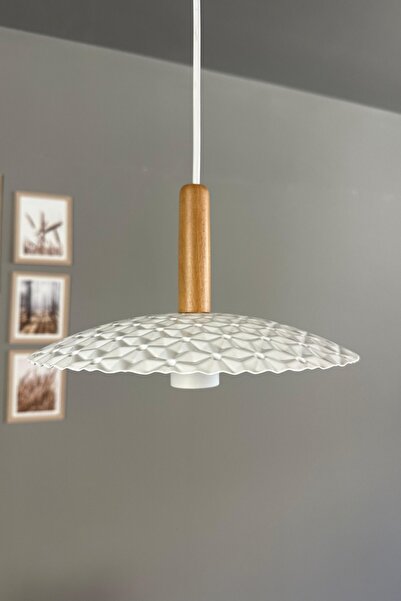 Bamyum Avola Beyaz Metal Avize Tekli Ahşap Başlık Mutfak Modern Dekoratif Sarkıt Aydınlatma