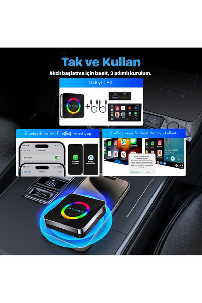 TARÇIN Yeni Nesil Araç CarPlay ve Android Auto AI Box | 4GB+64GB Android 14 | Youtube & Netflix