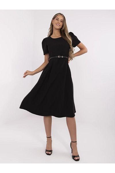 UniqueStore.ro Black Midi Dress With Short Sleeves And Belt At The Waist - One Size