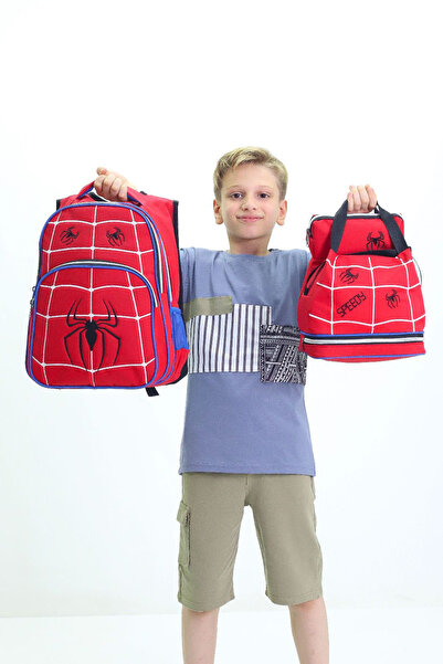 LUGMO 3 Lü Ortaokul Çanta Seti İlkokul Çantası Komple Astarlı Örümcek Kırmızı