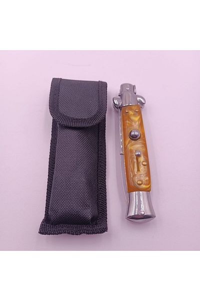 dalimag Cuțit cu deschidere automată, mâner auriu strălucitor, lamă din oțel, teacă textilă, 23 cm