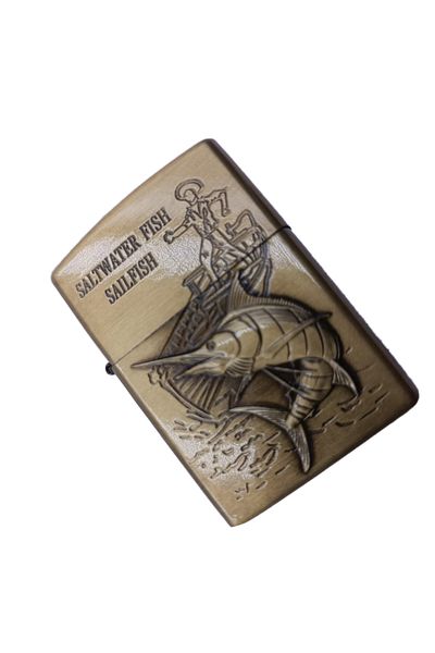 dalimag Metal Lighter Fishing Sturion Model, Detachable, Refillable, Gasoline, Gold, 6 cm,
