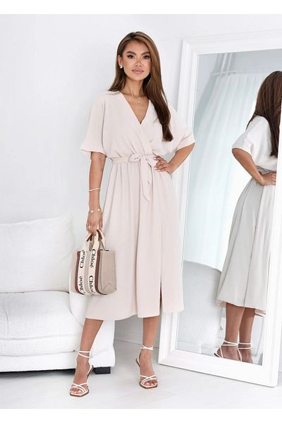 UniqueStore.ro Beige Midi Dress With Wrap Neckline And Side Slit - One Size