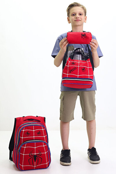 LUGMO 3 Lü Ortaokul Çanta Seti İlkokul Çantası Komple Astarlı Örümcek Kırmızı