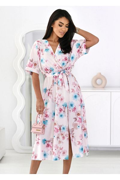 UniqueStore.ro Pale Pink Midi Dress With Wrap Neckline And Pastel Floral Print - One Size