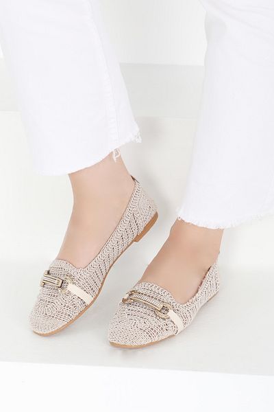 TOFİSA Women's Cream Knitwear Buckle Ballerinas - 27414