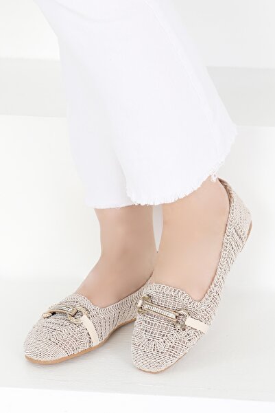 TOFİSA Kadın Krem Triko Tokalı Babet - 27414