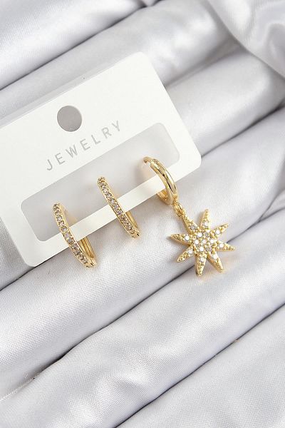 Celira Brass Zircon Stone Pole Star Model Gold Color Set of 3 Women's Earrings