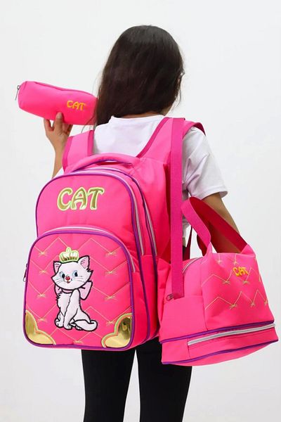 LUGMO 3-Piece Middle School Bag Set Primary School Bag Complete Lined Cat Pink