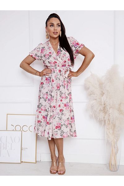 UniqueStore.ro Midi Dress With Floral Print, Wrap Neckline And Drawstring At The Waist - One Size