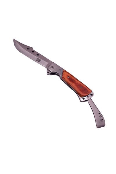 dalimag Knife with Manual Opening, Wooden Handle, Steel, Textile Sheath, Holes in Blade, 28 cm,