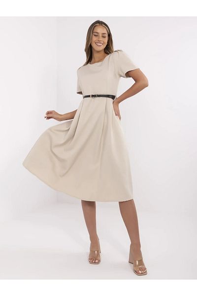UniqueStore.ro Beige Midi Dress With Short Sleeves And Waist Belt - One Size