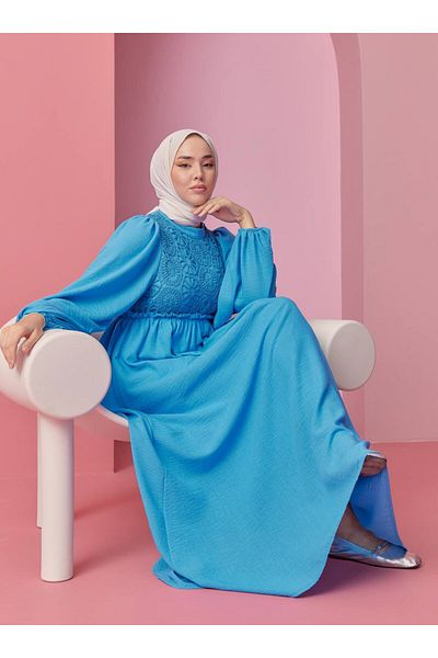 SAHRA BUTİK Lace Front Tettured Dress - Blue - Sahra Butik