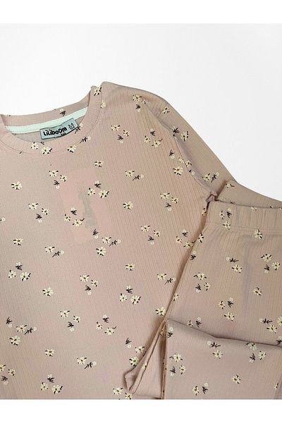 Pajama Shop Girls' 100% Cotton Fabric Light Pink Twill Flower Pattern Long Sleeve Winter Pajamas Set