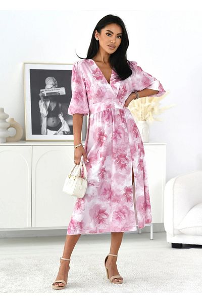 UniqueStore.ro Pink Midi Dress With Wrap Neckline And Side Slit - One Size