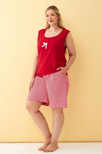 Celira Women's Red Ribbon Detailed Shorts Plus Size Pajama Set