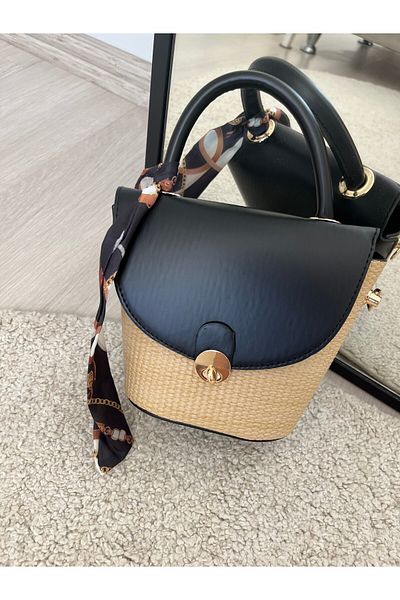 ESNEVA Women's Straw Gold Buckle and Scarf Detailed Women's Bag with Hand and Shoulder Strap