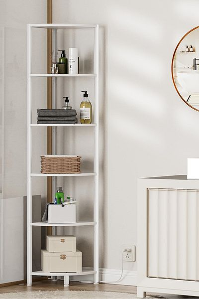 Yanara 6 Tier Standing Shelf With LED Light, Black Storage Rack for Wall Corner, Iron-Wood Display Stand