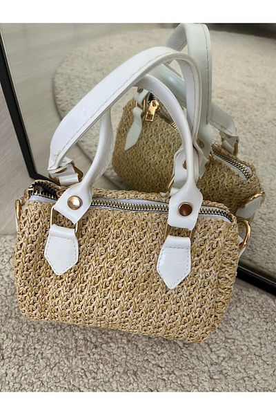 ESNEVA Straw Cream Color Zippered Stylish Design Women's Hand and Shoulder Bag