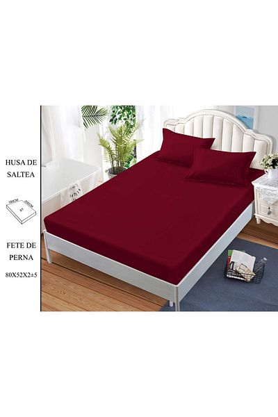 CHIRASO CHIRASO Bed Cover Set, FINE Cotton, with ELASTIC, 180x200cm and 2 Pillowcases 52x80cm, dark red
