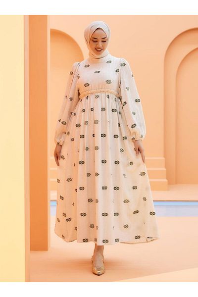 SAHRA BUTİK Flower Patterned Tettured Dress - Cream - Green - Sahra Butique