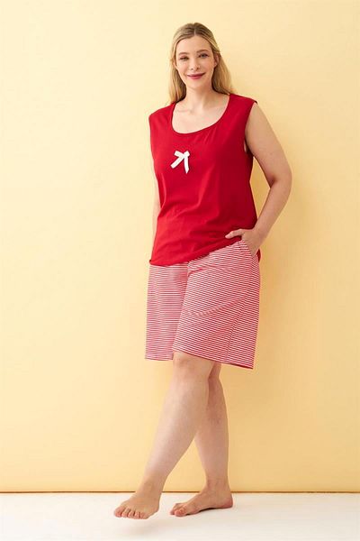 Celira Women's Red Ribbon Detailed Shorts Plus Size Pajama Set