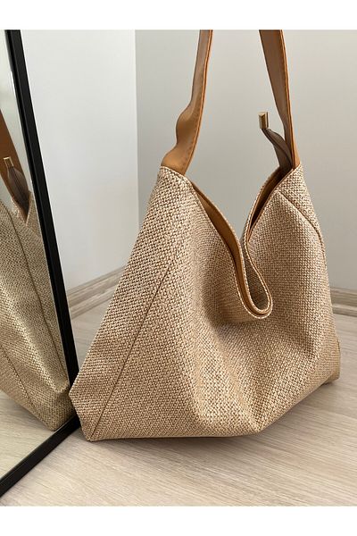 ESNEVA Women's Straw Mesh Braided Brown Leather Handle Detailed Shoulder Bag