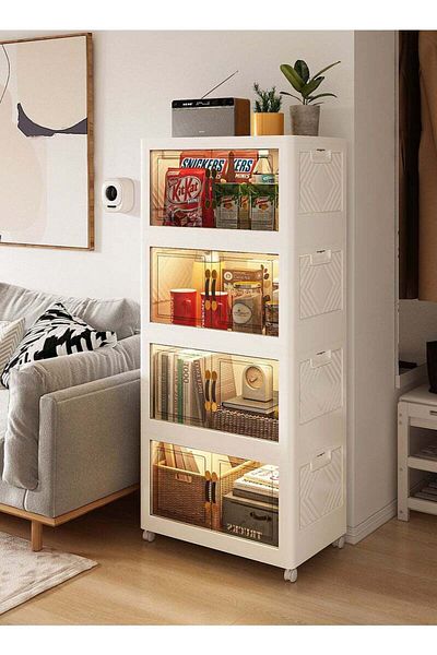 COOYA 4-Tier Storage Cabinet, Drawer Organizers,Foldable Drawer Shelves,Magnetic Doors, and Movable Wheels