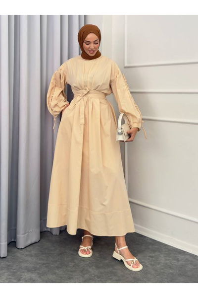 SAHRA BUTİK Belly Tie Dress - Cream - Sahra Butik