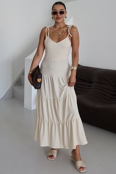 MODAGEN Γυναικείο μπεζ λουράκι με λεπτομέρεια Maxi Size Crinkle φόρεμα