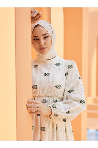 SAHRA BUTİK Flower Patterned Tettured Dress - Cream - Green - Sahra Butique