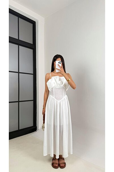 Gaus White Adjustable Strap Corset Detailed Lined Linen Dress Gaus00640