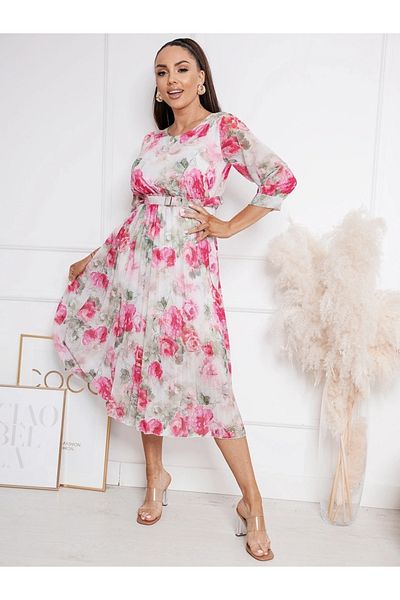 UniqueStore.ro Midi Dress In Pastel Shades With Floral Print And Pleats - One Size