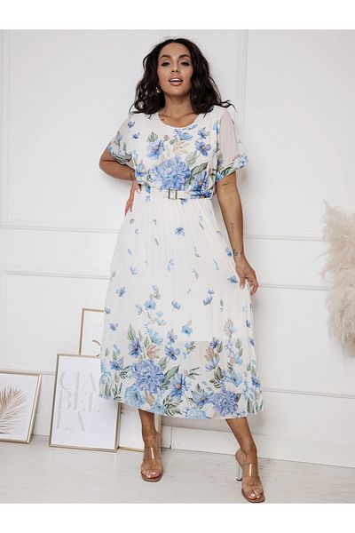 UniqueStore.ro Midi Dress With Blue Floral Print, Belt And Delicate Pleats - One Size