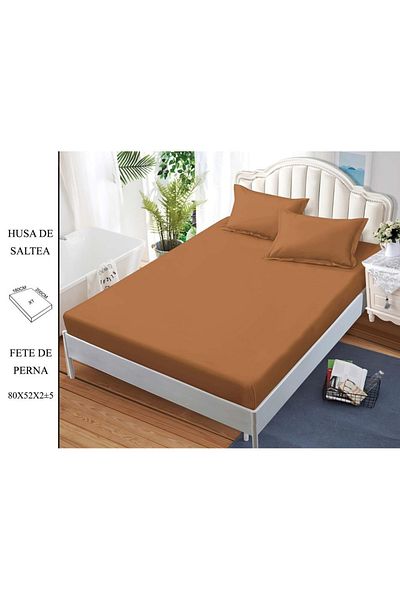 CHIRASO CHIRASO Bed Cover Set, FINE Cotton, with ELASTIC, 180x200cm and 2 Pillowcases 52x80cm, brown