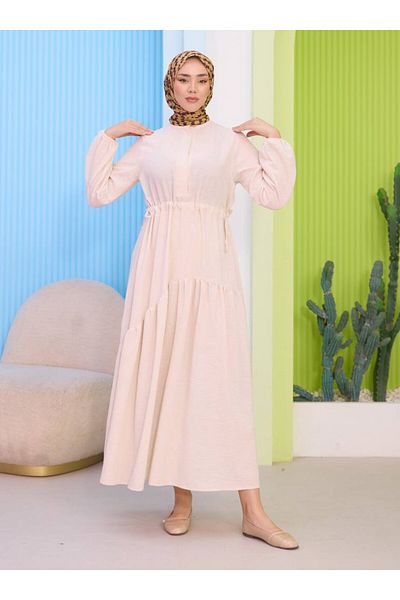 SAHRA BUTİK Belly Tie Linen Dress - Cream- Sahra Butik