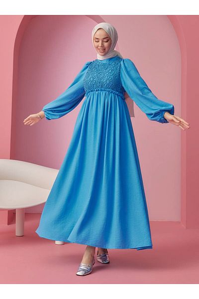 SAHRA BUTİK Lace Front Tettured Dress - Blue - Sahra Butik