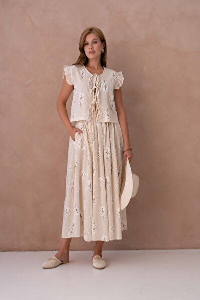 MİRAŞE MODA ALAÇATI بدلة تنورة عضوية باللون البني