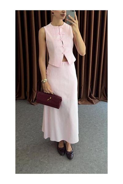 My Blog Pink Brit Detailed Vest Skirt Suit - 8749