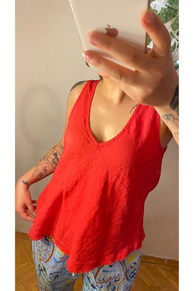 aSSa Italian Front and Back V-Neck Linen Bluz