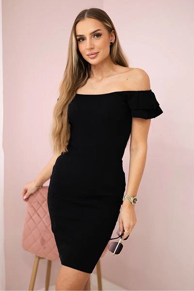 UniqueStore.ro Textured Dress With Fitted Cut And Ruffles On The Shoulders, Black - One Size