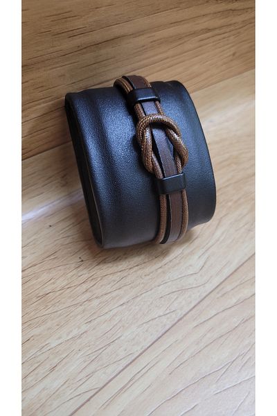 Satürn Silver Kuyumculuk Men's Leather Bracelet Magnetic Buckle Braided Bracelet