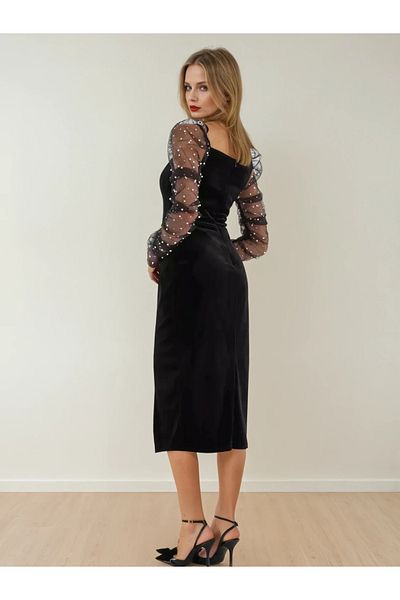 UniqueStore.ro Black Zofia Dress With Transparent Sleeves And Pearls