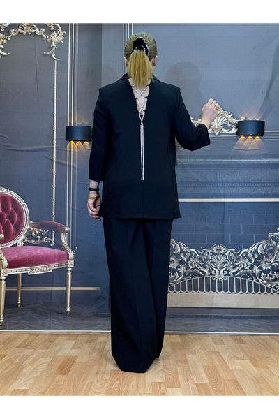 Yeşilmoda Suit,Crepe, Lined,Pockets,Button Details,Wide Leg,Jacket Pants,Elastic Waist,Hanging,Stone