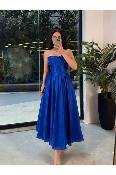 missswans Annet Decolteu Brodat cu margele Corset fără bretele Aspect Midi Lungime Rochie de seară prințesă Rochie Saks albastru