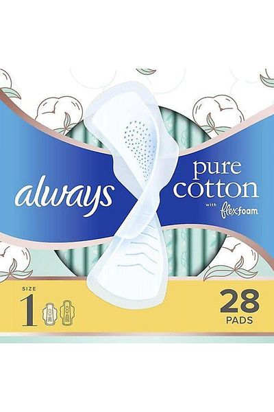 Always Pure Cotton With Flexfoam Pads Regular Absorbency Size 1, 28 Count