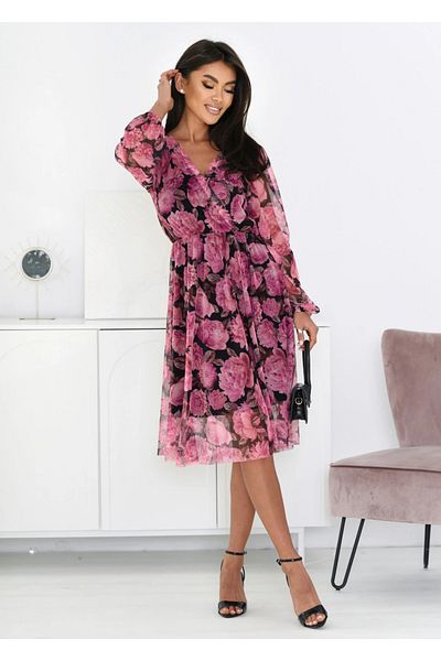 UniqueStore.ro Black Midi Dress With Pink Floral Print And Wrap Neckline - One Size